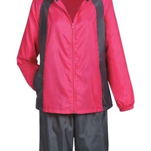 2 PCE JACKET/PANTS SET, WOMEN 3X, DARK PINK JACKET, GREY PANTS, POCKETS, ZIPPED